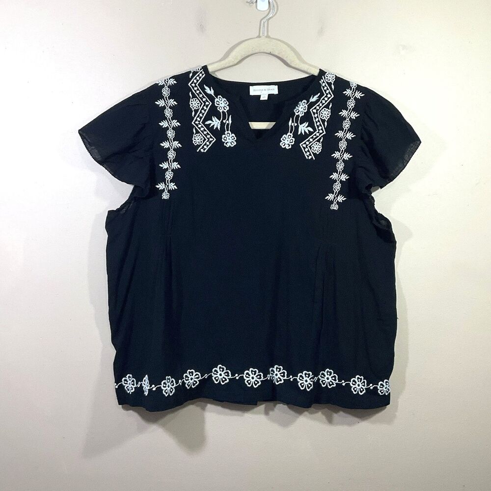 Jennifer & Grace Embroidered Flutter Sleeve Boho Shirt 3X Black Coastal Cottage
